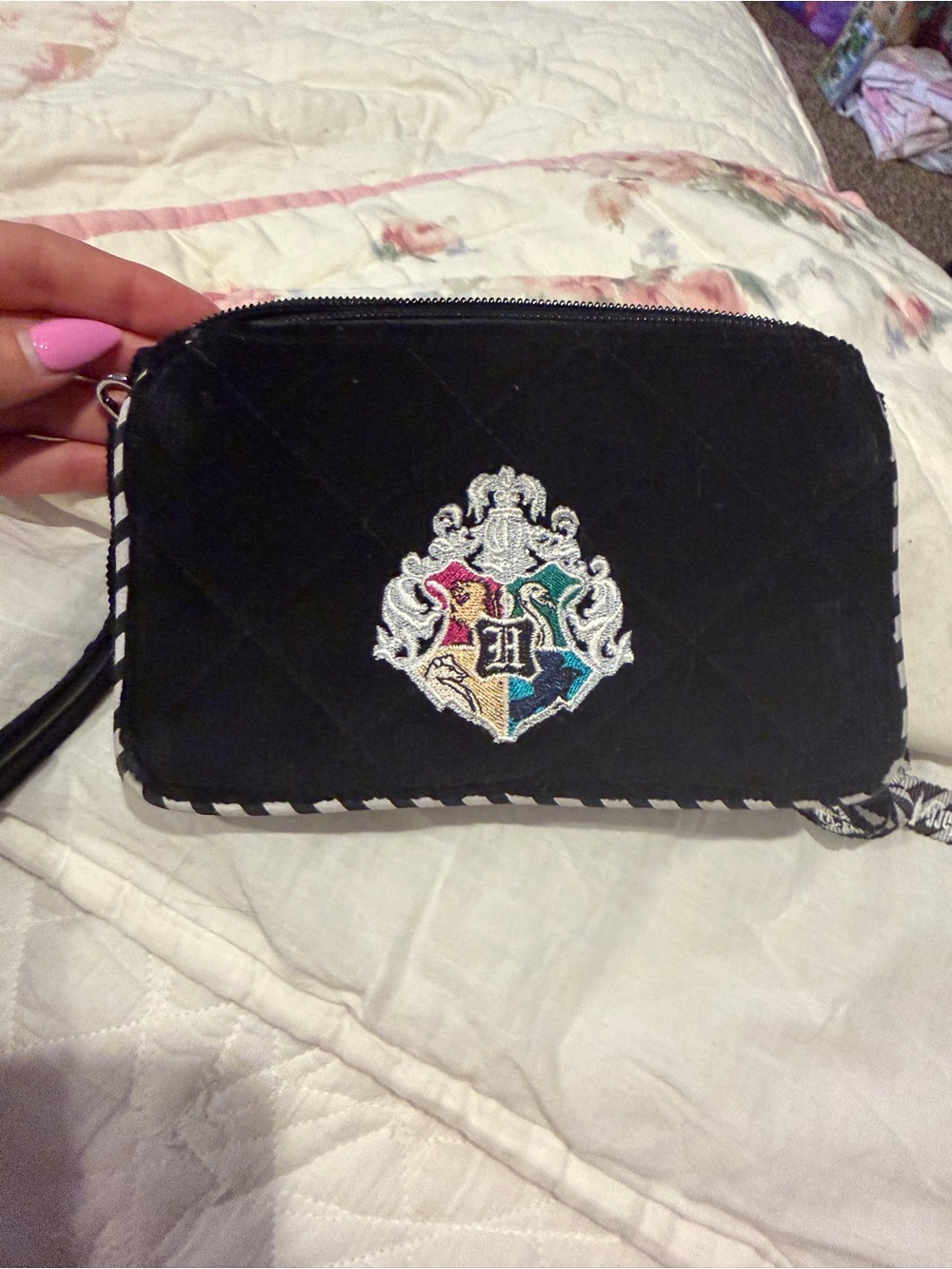 Vera Bradley Black Quilted Wristlet with Embroidered Crest (Harry Potter)